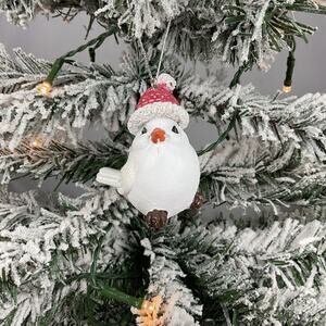 Christmas Ornament- White Bird Wearing Red And White Hat- Christmas Ornament